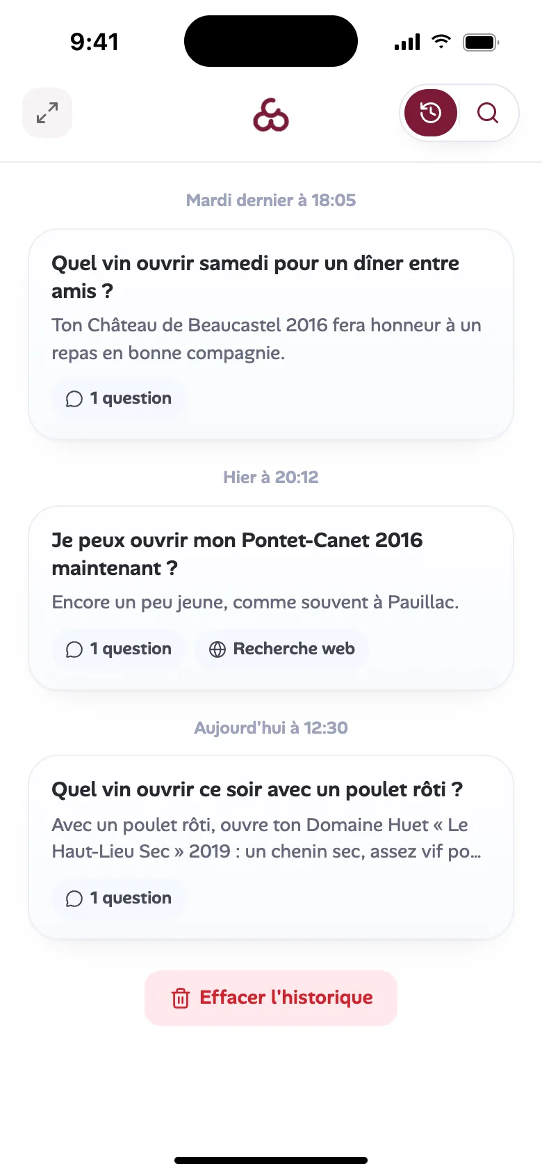 Historique des discussions avec le sommelier