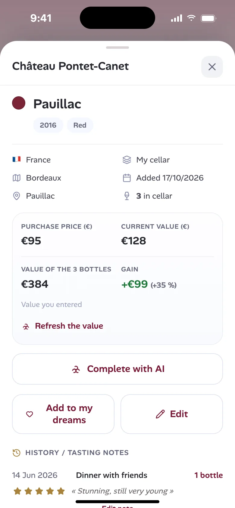 A wine sheet: origin, appellation, price