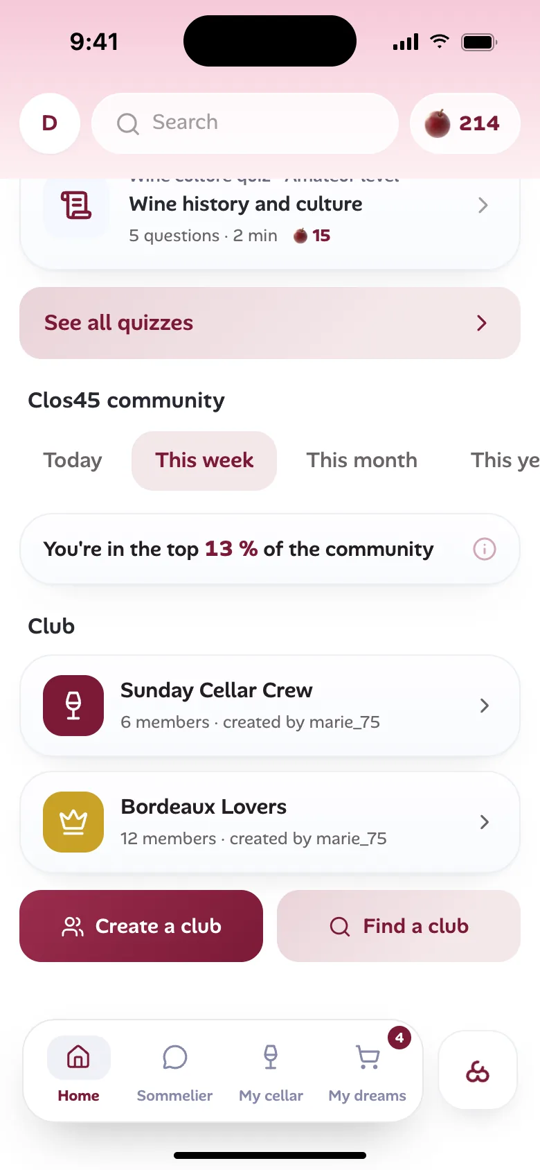 Your rank in the community and your clubs with friends